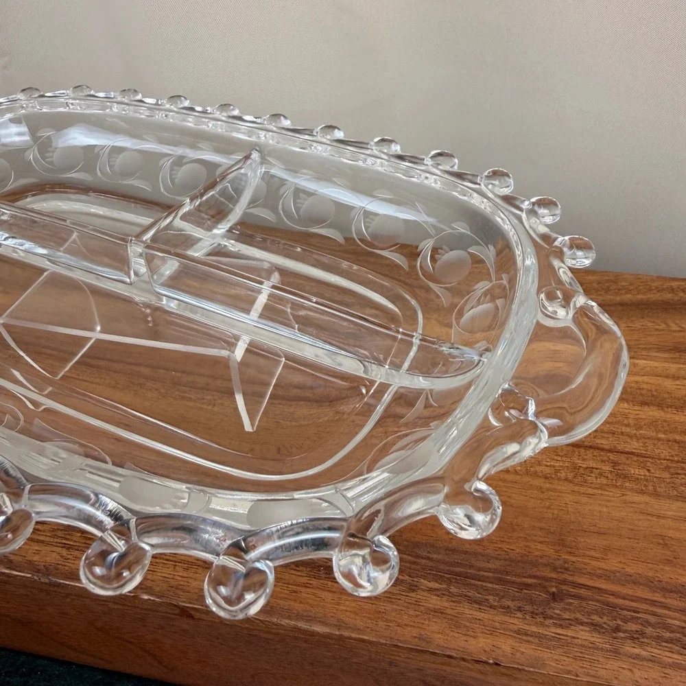 Vintage Heisey Glass Moonglo Lariat Divided Relish Dish Clear Etched 3 Part Tray